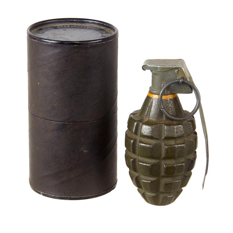 Original U.S. WWII Inert MkII Pineapple Practice Grenade with Yellow Ring & M10A3 Fuze in Original Husk