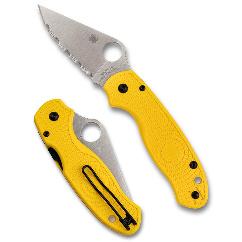 Spyderco Para 3 Lightweight Salt Folding Knife, MagnaCut Serrated Blade, Yellow FRN, Compression Lock C223SYL