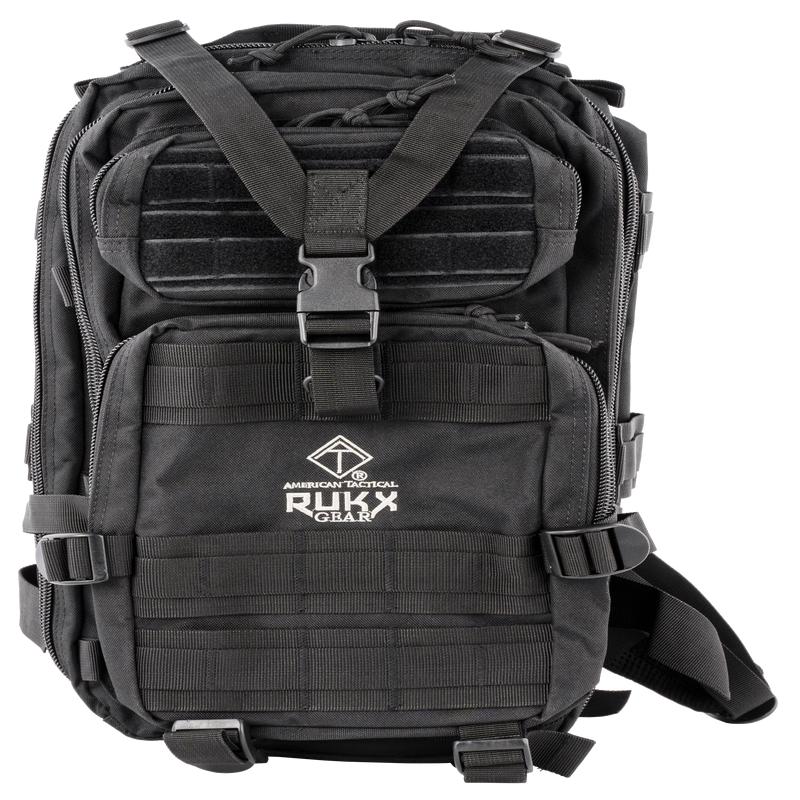 RUKX GEAR Tactical 1-Day Backpack, Black 600D Polyester, Hydration Compatible, Heavy-Duty Zippers ATICT1DB